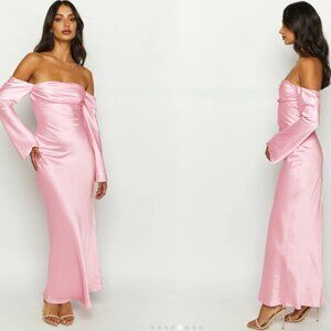 Beginning Boutique Alita Baby Pink Off The Shoulder Maxi Dress